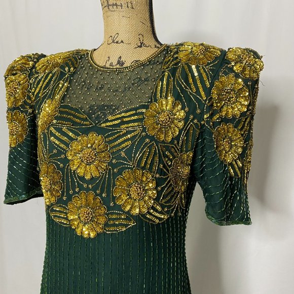 VTG Night Vogue Green Gold Embellished Maxi Dress - Picture 2 of 12